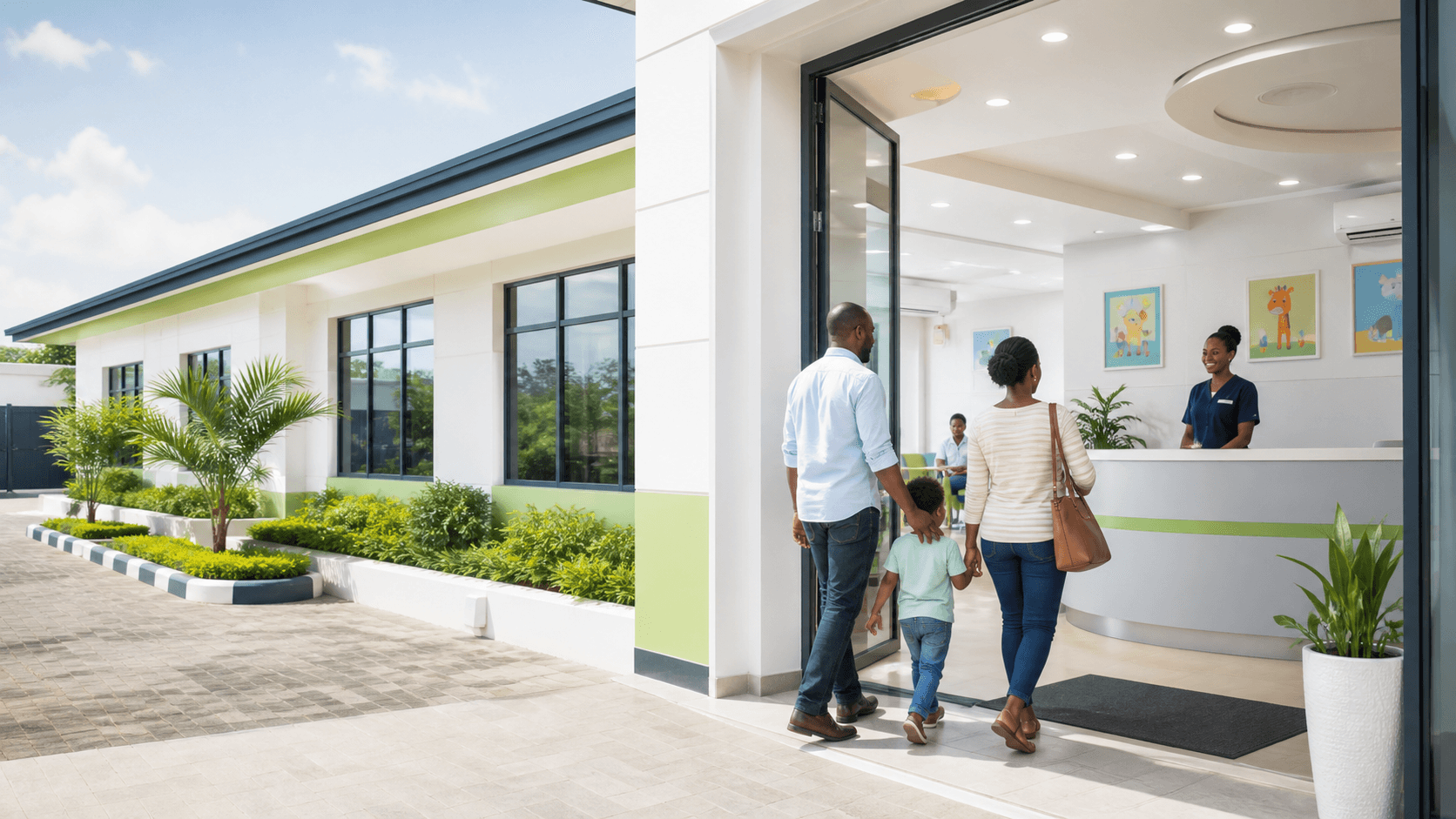 A calm hospital front door and reception with a family arriving